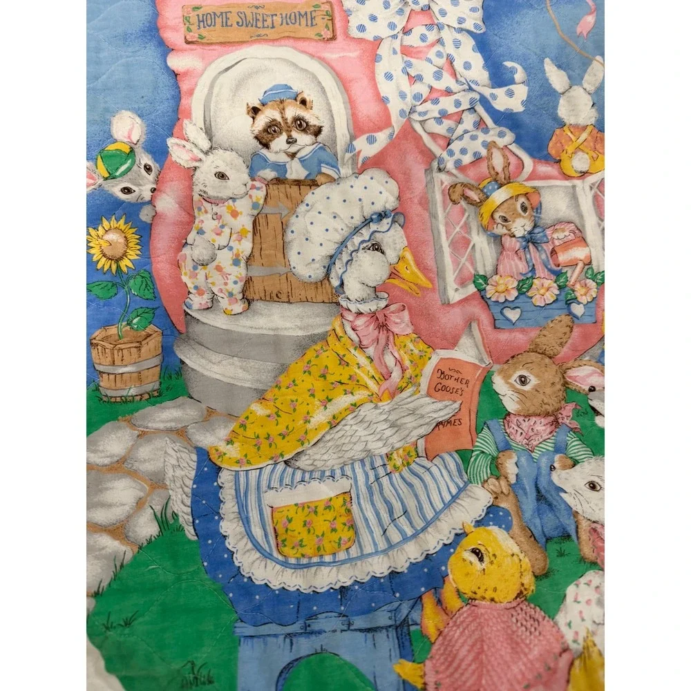 Vintage Mother Goose Nursery Rhyme Baby Quilt Blanket Reversible Mint Green Blue